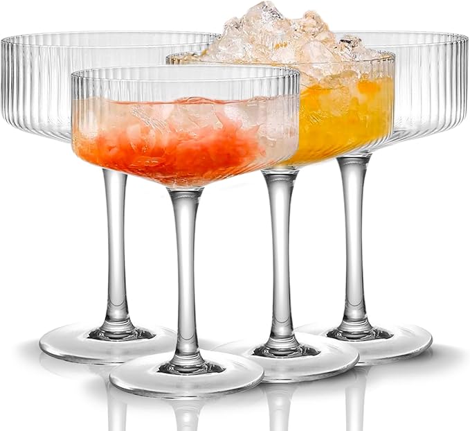 Qipecedm® 4 Pcs Ribbed Coupe Glasses, 10 oz Vintage Coupe Glass Set, Unique Martini Glass, Classic Cocktail Galssware, Bar Drinking Glasses Set Pefect for Cocktail, Wine, Champagne & Gift by Qipecedm