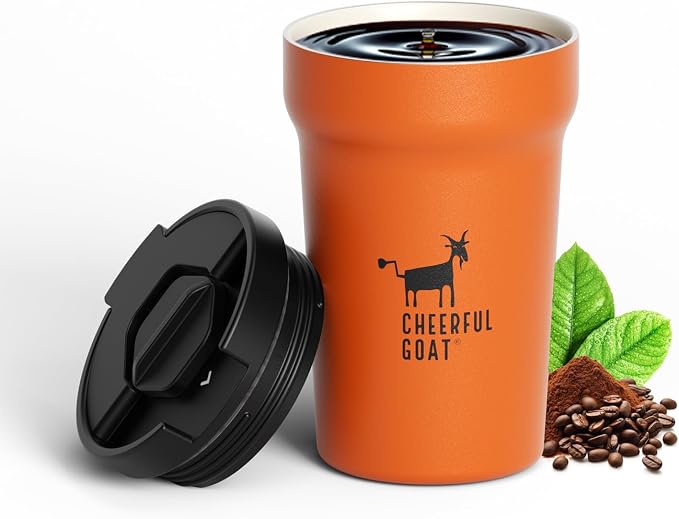 CHEERFUL GOAT Insulated Coffee Mug – Stainless Steel Travel Coffee Tumbler with Ceramic Liner, 12oz Coffee Cup for Hot and Cold Water Coffee at Home, Office, or On the Go (orange) by CheerfulGoat