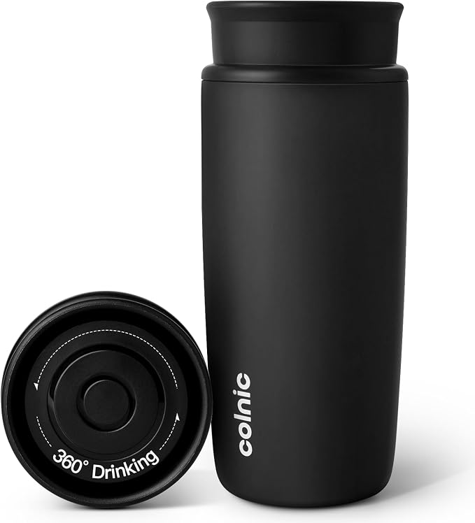 Travel Coffee Mug with 360°Lid, 12 oz Coffee Tumbler Insulated Travel Mugs for Hot and Cold, Vacuum Insulated Stainless Steel Coffee Cup Leak Proof Spill Proof-Matte Black by WelcomeToColnic