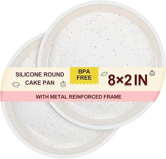 CAKETIME 8 Inch Silicone Round Cake Pan with Metal Reinforced Frame Set of 2, Non-stick & BPA Free, Even Heat Distribution, Stackable & Dishwasher Safe by CAKETIME
