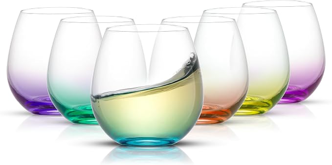 JoyJolt Hue Stemless Wine Glass Set, Large 15 oz Stemless Wine Glasses Set of 6 for White Red or Water, Short Glass Tumblers, No Stem Margarita Glasses, Colored Tumbler by JoyJolt
