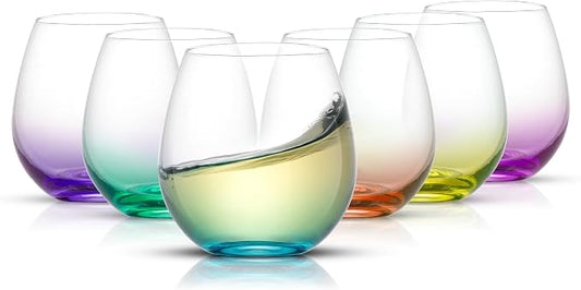 JoyJolt Hue Stemless Wine Glass Set, Large 15 oz Stemless Wine Glasses Set of 6 for White Red or Water, Short Glass Tumblers, No Stem Margarita Glasses, Colored Tumbler by JoyJolt