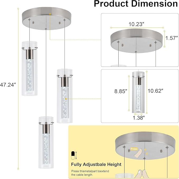 Pendant Light Kitchen Island with Remote Control, Dimmable & Adjustable Color Temperature 3000K/4000K/6000K, Modern Brushed Nickel & Clear Glass Lighting Fixture for Dining Room - Image 2