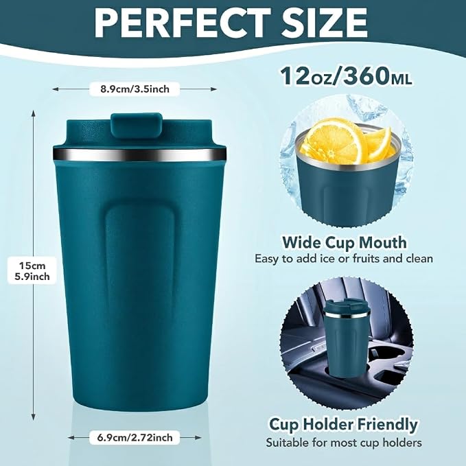 Volhoply 12 oz Double Wall Insulated Vacuum Travel Coffee Mug with Flip Lid Bulk 8 Pack,Reusable Stainless Steel Leak Proof Coffee Cup,Portable Cafe Thermal Tumblers for Hot & Cold Drinks(Bule,8 Set) - Image 2