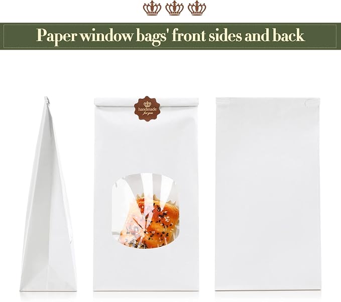 Tenare 50 Pieces White Bakery Bags with Window Kraft Paper Bags Christmas Tin Tie Tab Lock and 60 Pieces Adorable Handmade Label Seal Stickers Window for Xmas Coffee Cookie Treat, 4.5 x 2.56 x 9.6" - Image 5