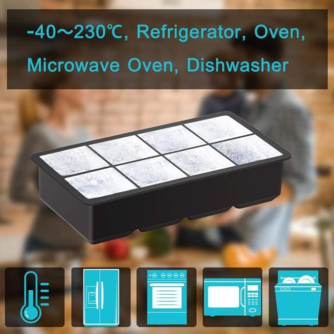 Silicone Ice Cube Tray with Lid, Make 2" Big Square Ice Cubes, Large Whiskey Ice Cube Mold, Ice Cubes Mold for Cocktails & Wine, Soups and Frozen Treats, Without BPA