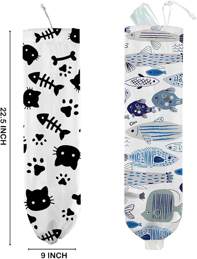 2Pcs Blue Fish Plastic Bag Holder, Cute Cat Grocery Bag Holder for Plastic Bags, Wall Mount Reusable Shopping Bags Storage Dispenser for Home Kitchen Pantry Farmhouse, Cat Lover Gifts for Women Mom - Image 2