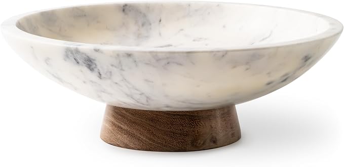 Cork & Mill Marble Decorative Bowl with Acacia Wood Pedestal, 11 Inch | Handcrafted Natural Stone Fruit Bowl for Kitchen, Potpourri, Catch All for Entryway, Dining Table Centerpiece Decor by CorkMill