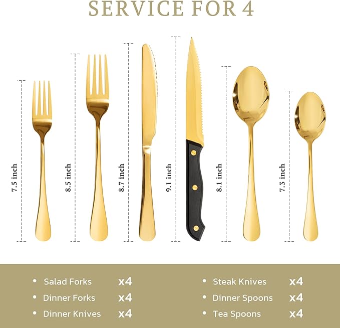 Astercook 24-Piece Silverware Set with Steak Knives Gold Flatware Set for 4 Food-Grade Stainless Steel Cutlery Set Mirror Polished Utensils Set Include Spoons and Forks for Home Kitchen Restaurant - Image 6