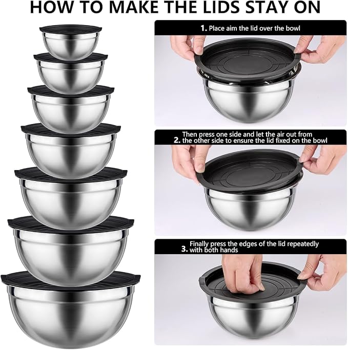 Leidawn Mixing Bowls with Lids set - 25 PCS Stainless Steel Nesting Black Mixing Bowls Set for Baking, Mixing, Serving & Prepping, Size 5, 3.7, 2.8, 2.3, 1.7, 1.1, 0.7QT, 11 Cooking - Image 3