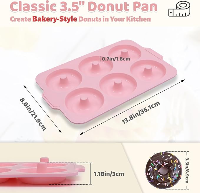 3.5 Inch Nonstick Silicone Donut Pan for Baking with Metal Frame, 1 Pack Donut Molds for Baking, 6 Cavity Doughnut Pan for Oven and Bagel Trays Non Toxic with Handle (Pink)
