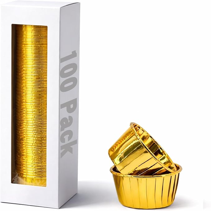 Party Hippo Cupcake Cups, 3.5 Oz 100 pcs Disposable Foil Muffin Liners, Gold Baking Cups, Ramekin Aluminum Cupcake Tip Pan Ramekin Holders, Little Baking Cups (100, Gold) by PARTYHIPPO
