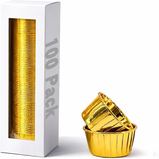 Party Hippo Cupcake Cups, 3.5 Oz 100 pcs Disposable Foil Muffin Liners, Gold Baking Cups, Ramekin Aluminum Cupcake Tip Pan Ramekin Holders, Little Baking Cups (100, Gold) by PARTYHIPPO