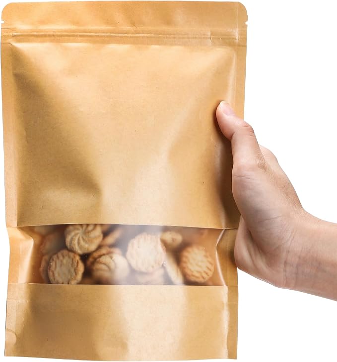 Kingrol 100 Count 7 x 10.25 Inch Kraft Paper Bags with Resealable Lock Seal Zipper &Transparent Window, Stand Up Food Bags - Image 3