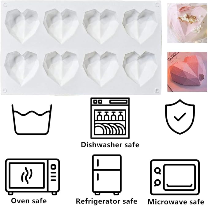 8 Grid Diamond Heart Silicone Cake Chocolate Mold Silicone Baking Pan Mold for DIY Cake Mousse Dessert 3D Diamond Love Heart Shaped Mould for Candy Fondant Ice Cream Soap Cupcake Cheesecake Jelly - Image 5