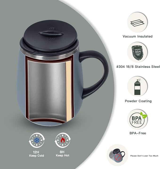 Ideus 16 oz (470 ml) Insulated Coffee Mug with Handle and Lid, Double Wall Stainless Steel Vacuum Thermal Coffee Mug, Travel Coffee Cup Thermal Cup for Home and Office (Ultimate Gray) - Image 2
