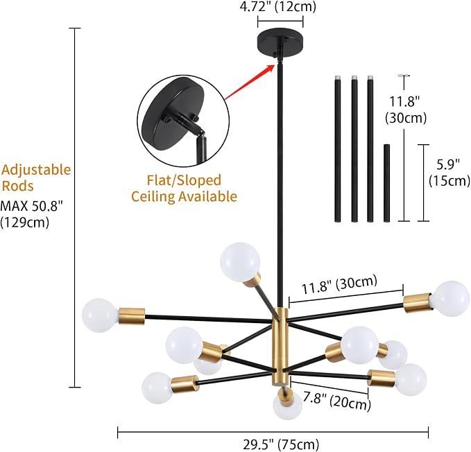 10-Light Modern Chandelier Sputnik Light Fixtures, Mid Century Chandelier Dining Room Light, Black and Gold Ceiling Lights Chandeliers for Bedroom Living Room Kitchen - Image 2