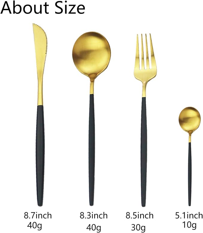 JASHII Silverware Set, 24-Piece Stainless Steel Flatware Set,Kitchen Utensil Set Service for 6,Tableware Cutlery Set for Home, Dishwasher Safe (Matte Black handle gold) - Image 3