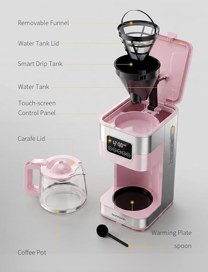SHARDOR 10-Cup Programmable Coffee Maker, Regular & Strong Brew Drip Coffee Machine for Home and Office, Auto Shut Off, Permanent Filter (pink) - Image 7