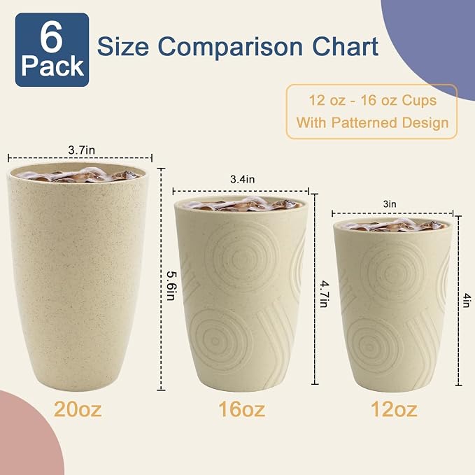 Wheat Straw Cups, 20 OZ Large Cups Set of 6, Unbreakable Drinking Cups, Alternative to Plastic Cups Reusable, Dishwasher & Microwave Safe Cups for Kitchen, Plastic Tumblers (Beige) - Image 5