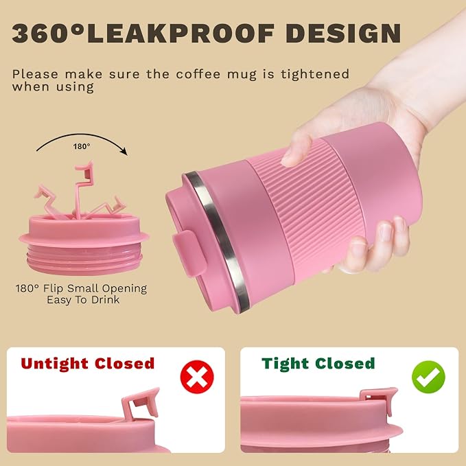 Stainless Steel Travel Coffee Mug with Lid, Vacuum Insulated Leak Proof Cup | Double wall vacuum insulation keeps drinks hot or cold for hours. Leak proof lid and non-slip grip for travel, office and car - Image 5