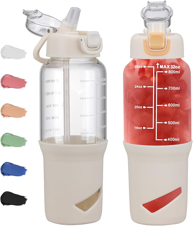 SIEROZUR 32 oz Glass Tumbler with Straw, Glass Water Bottles with 2 Lids-Handle Spout Lid & Straw Lid, 1 Liter Motivational Water Bottles, Silicone Sleeve, Fits Car Cup Holder,White
