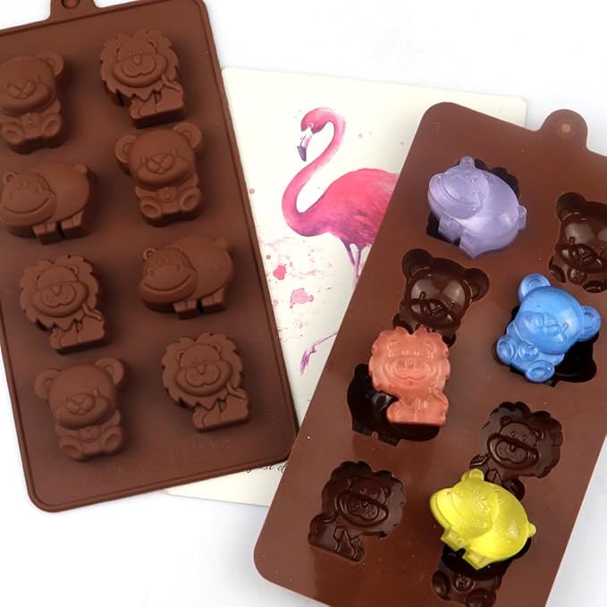 LeLehome Set of 2 Silicone Chocolate Molds, Non-Stick Animal Cake Muffin Candy Baking Mold Bakeware for Ice Cube, Soap, Candle, Jello, Lion, Hippo and Bear