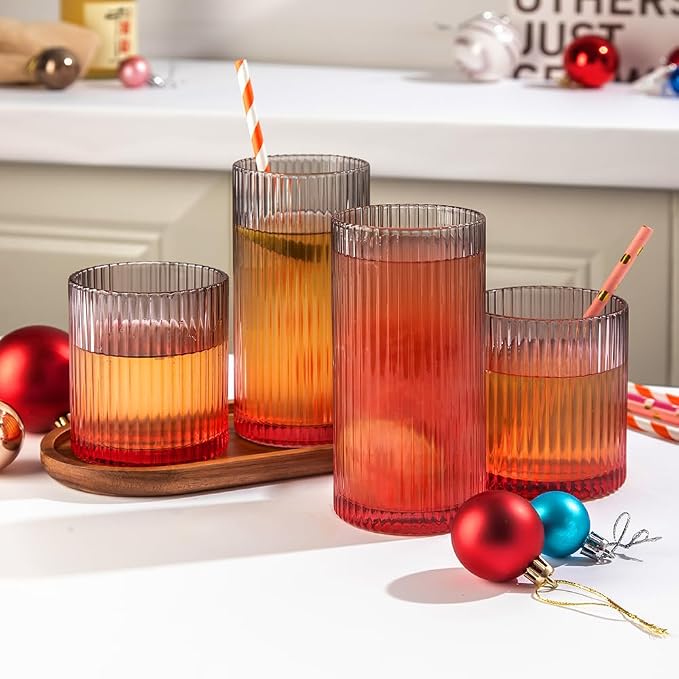 Ribbed Drinking Glasses 8pcs, 12oz and 10oz Glassware, Tumbler Glasses Cup Set for Wedding, Party, Christmas Gift, Grey Pink - Image 2