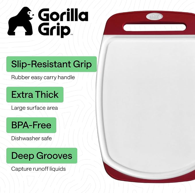 GORILLA GRIP BPA-Free Reversible Kitchen Cutting Board Set of 3, US Designed, Nonporous, Juice Grooves Catch Liquid, Slip Resistant Border, Dishwasher Safe, Durable Large Food Chopping Boards, Red - Image 2