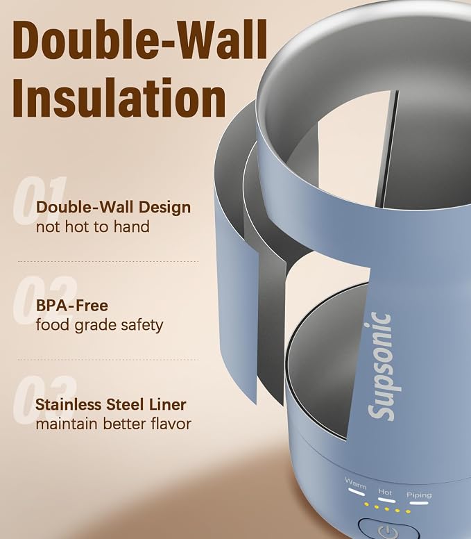 Supsonic - 14oz Heated Coffee Mug, Self-Heating Travel Mug with 3-Temp Settings, Insulated Stainless Steel Constant Temperature Heating Mug for Beverage, Smart Heating Portable Coffee Mug | S1 - Image 6