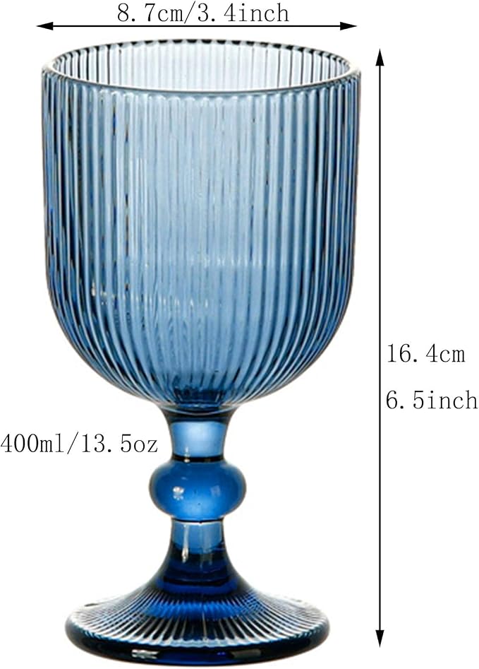 Taganov Blue Glasses Drinking Water Goblets set of 6 Big Vintage Glassware 13oz Colored Wine Glasses for Wedding Party Bar Vertical Line Embossed Pattern Stemmed Cups 400ml - Image 4