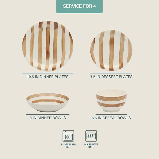 Gibson Home Kenwood Shores 16 Piece Dinnerware Set, Brown Striped, Stoneware, Hand-Painted Plates and Bowls, Service for 4, Microwave & Dishwasher Safe - Image 2