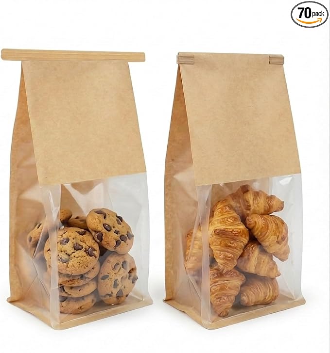 Bread Bags for Homemade Bread, 70 Pack 11 x 5.1 x 3.9 Inches Kraft Paper Bakery Bags with Tin Tie Tab Lock, Stand Up Bakery Bags for Homemade Bread, Pastries, Cookies & Snacks, Food Grade | Tin Tie Tab by Unknown