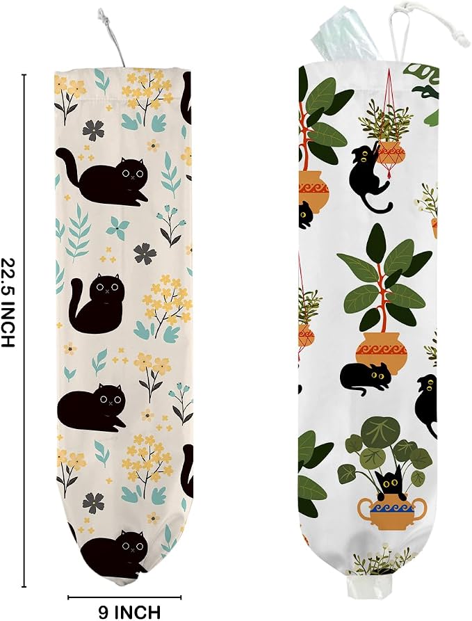 2Pcs Cute Cat Plastic Bag Holder, Vintage Floral Greenery Plastic Bag Holders for Grocery Bags, Washable Grocery Bags Storage Dispenser for Home Kitchen Pantry Decor, Cat Lover Gifts for Women - Image 2