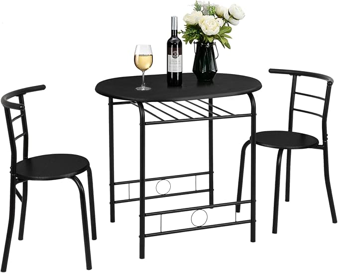 VINGLI 3 Piece Dining Set,Small Kitchen Table Set for 2,Breakfast Table Set,Kitchen Wooden Table and 2 Chairs for Small Space/Dining Room/Apartment,Metal Frame,Wine Rack,Black by VINGLI