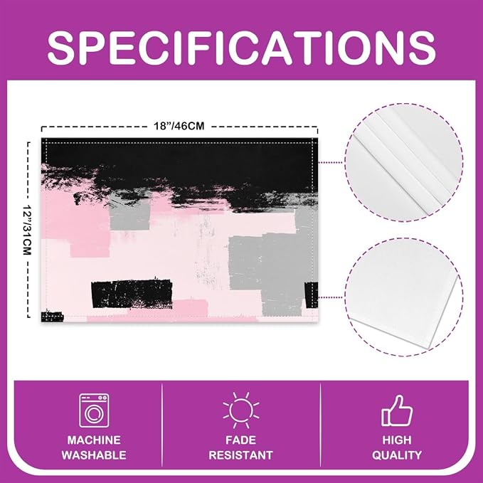 Feelyou Pink Black Grey Placemats Set of 4 for Kids Boys Girls Abstract Placemat for Kitchen Dining Table Decor Indoor Outdoor 18"x12" Ombre Modern Table Place Mats, Decor Buffalo Check - Image 4