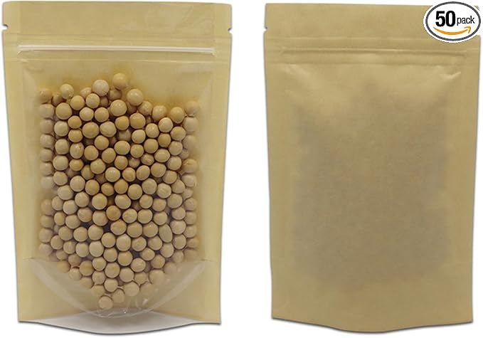 PABCK Clear Front Stand Up Kraft Paper Bags Resealable 5.5x7.9inch 50 Pcs | Stand Up Brown Paper Window Bag Zipper Lock Food Storage Bag for Coffee Snack Nuts Spice Seeds Crafts Packaging Heat Sealable by PABCK