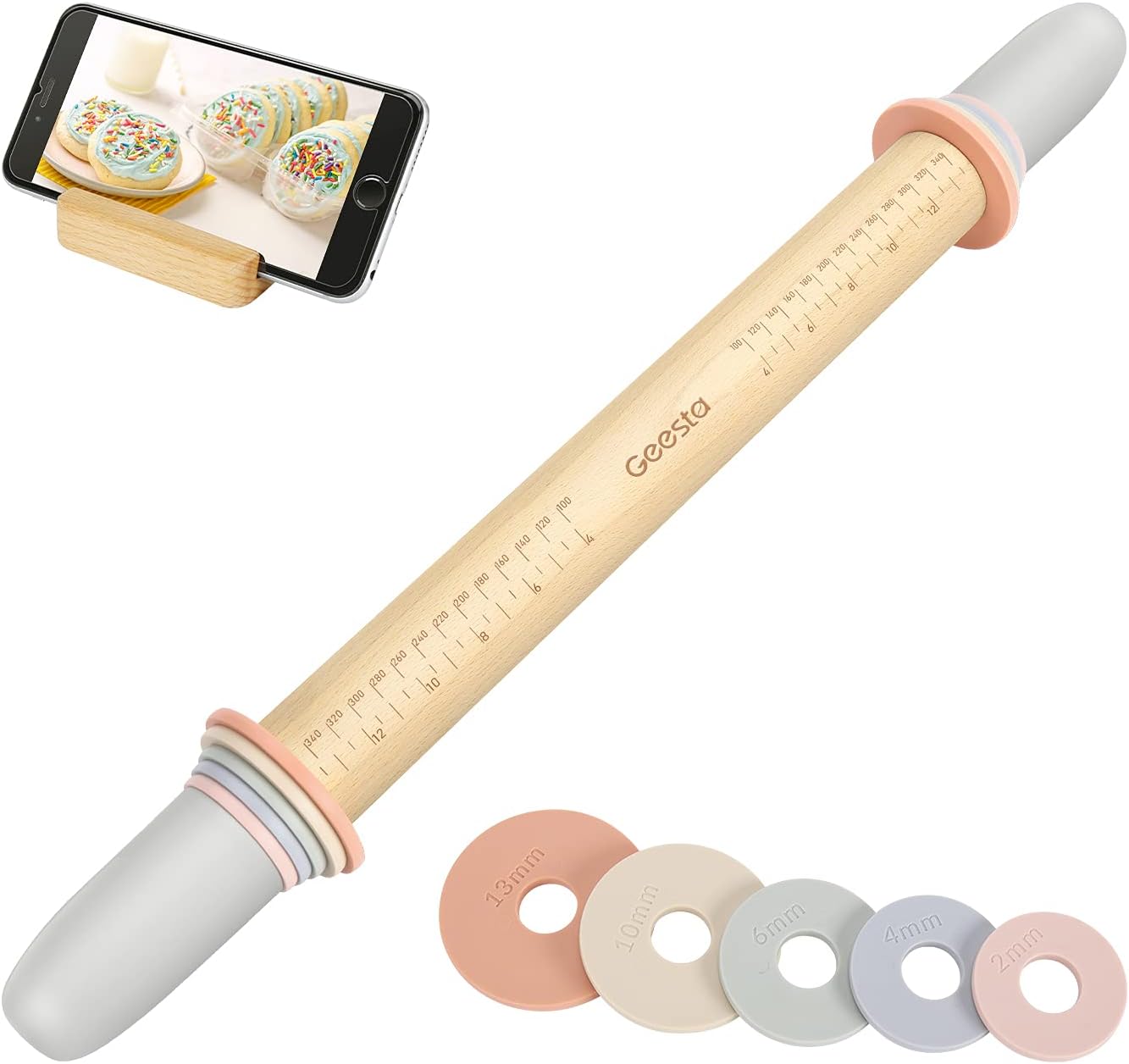Adjustable Wooden Rolling Pin with Thickness Rings and Measurement Guide