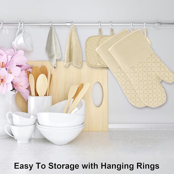 KEGOUU Oven Mitts and Pot Holders 6pcs Set, Kitchen Oven Glove High Heat Resistant 500 Degree Extra Long Oven Mitts and Potholder with Non-Slip Silicone Surface for Cooking (Beige) - Image 3