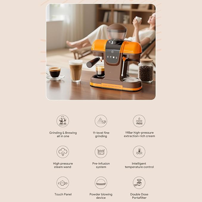 AUNMAS Coffee Maker, Espresso Machine with Tamper Steam Wand Grinder for Home Office Barista Style, 19 Bar 800ML 58mm Semi Automatic (US Plug 110V) - Image 3
