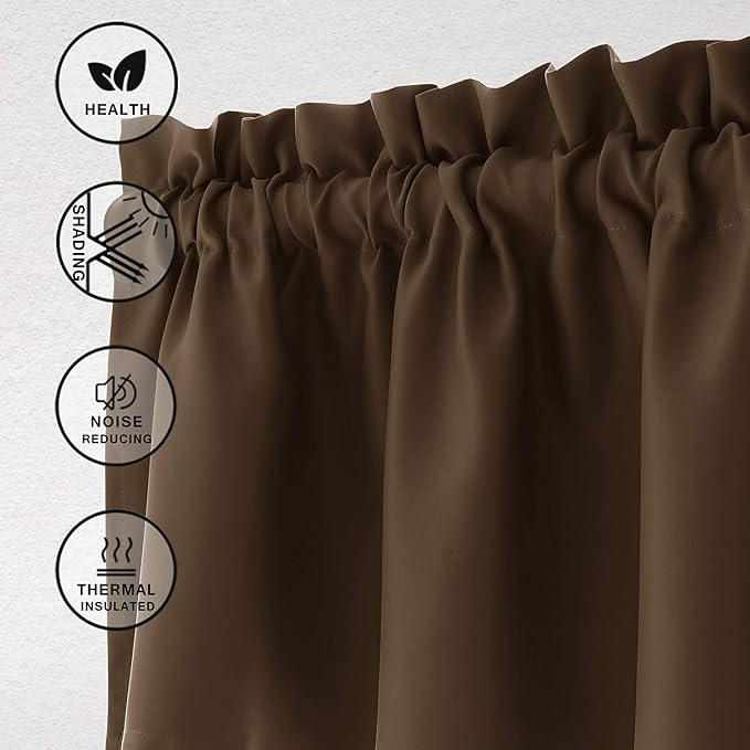 Hiasan Valance Curtains Blackout Solid Rod Pocket Valances for Living Room and Bedroom, 52 x 18 Inches Length, Brown, 1 Panel - Image 2