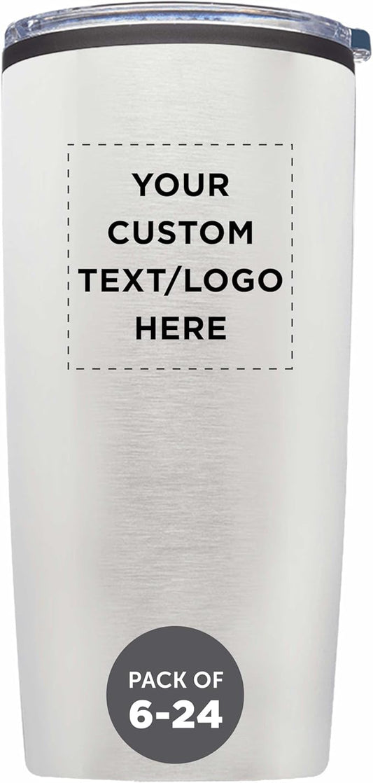 Custom Plastic Tumblers 20 oz Set of 6/12/24 Personalized Bulk Pack with Lids, Ice Coffee Tumbler, To Go Cup Insulated - Silver