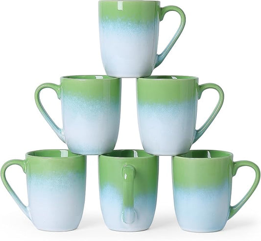 MONITO 14 OZ Coffee Mugs Set of 6, Large Ceramic Blue Coffee Mugs Set with handle for Tea/Latte/Milk/Cocoa, Funny Tea Cups for Office and Home, Engagement Gifts. (White-green) by MONITO