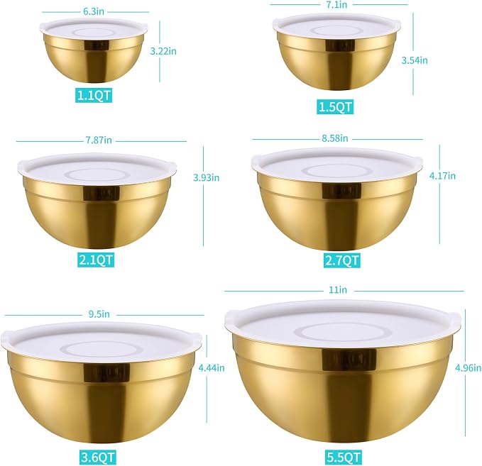 6 Piece Gold Mixing Bowls Set With Lids for Kitchen - Stainless Steel Ideal for Baking, Prepping, Cooking and Serving Food - Nesting Metal Bowls for Space Saving Storage - Image 2