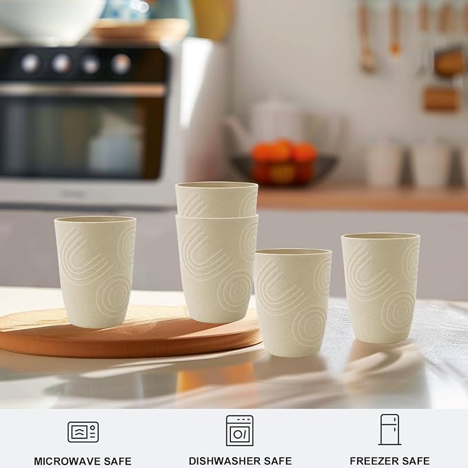 12 oz Kids Cups，Wheat Straw Cups Set of 6, Alternatives to Plastic Cups Reusable, Unbreakable Water Tumbler, Dishwasher Safe Small Water Cups for Kitchen, Plastic Glasses Drinking (Beige) - Image 5
