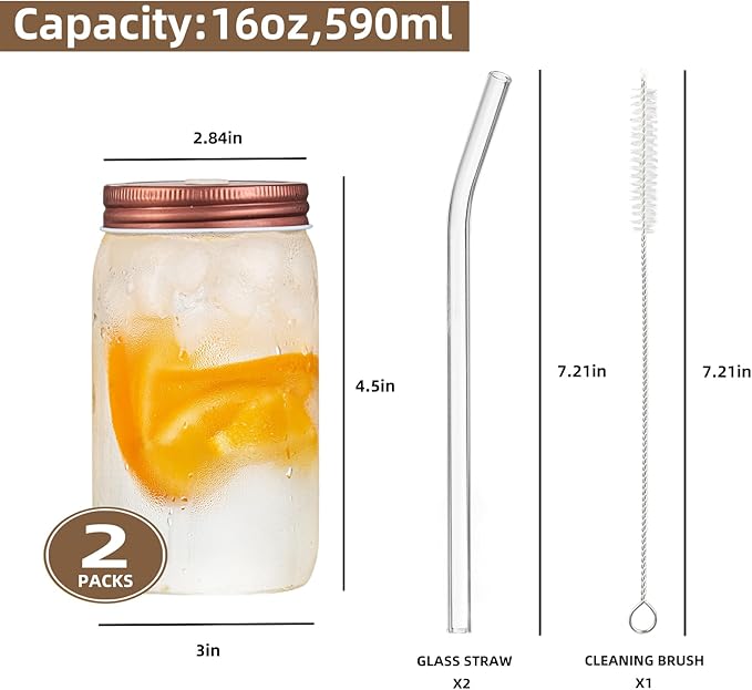 16oz Glass Cups with Lids and Straws - 2Pcs Reusable Juice Bottles,Drinking Glasses Set for Coffee Bar Accessories,Matcha Cup Glass Tumbler Reusable for Gifts