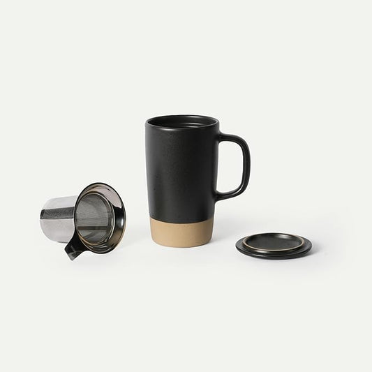 MORA Ceramics Large Tea Mug with Loose Leaf Infuser and Ceramic Lid, 18 oz, Portable, Microwave, Dishwasher Safe, Tall Coffee Cup - Rustic Matte Ceramic Glaze, Modern Herbal Tea Strainer, Liquorice by MORA