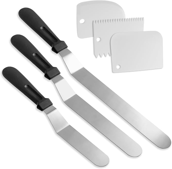 Litoexpe 6 Pack Stainless Steel Icing Spatulas with 3 White Cake Smoother Scrapers, Angled Cake Spatulas Cake Smoother Scrapers, Frosting Offset Spatula Set for Cake Decorating Baking (6", 8", 10")