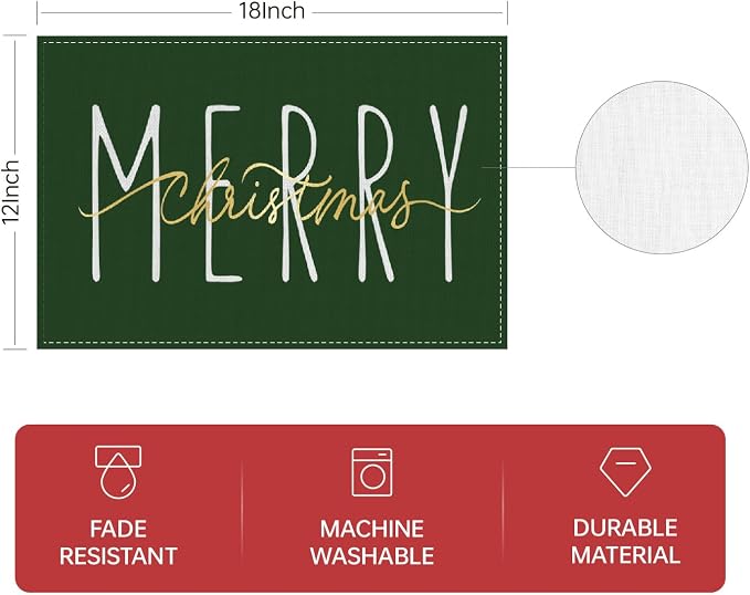 ONWAY Merry Christmas Gold Placemats 12x18 Inch Set of 4 Xmas Winter Holiday Place Mats for Home Party Kitchen Dining Table Decorations Green - Image 5