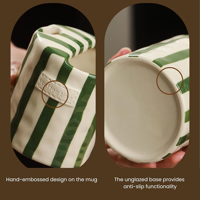 Coffee Mug Espresso Cup 10oz Ceramic Coffee Mugs Porcelain Coffee Cup Hand-Painted Striped Art Multiple Use for Kitchen, Dining-Green - Image 5